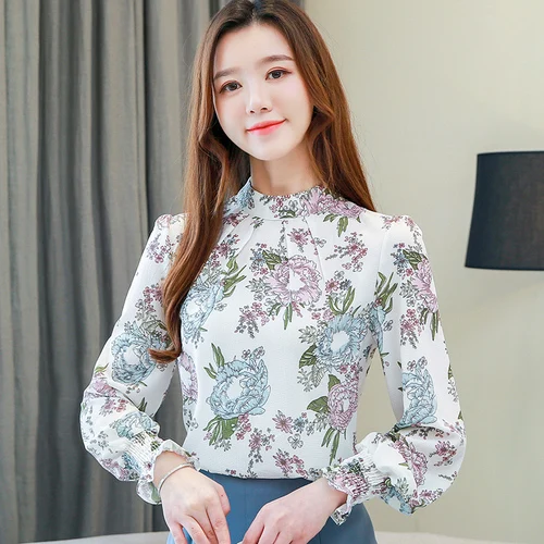 Camisas Mujer, рубашка с пышными рукавами, Женский пуловер, уличная одежда с длинным рукавом размера плюс, женская блузка с цветочным рисунком, топы 6695 50 - Цвет: Белый