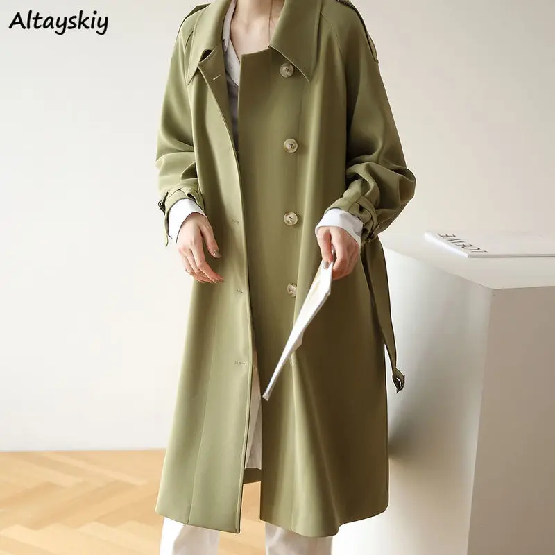 

Trench Women Long Temperament Single Breasted Turn-down Collar Womens Korean Style Simple All-match Outwear Office Ladies Modern