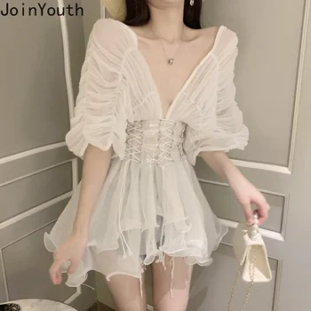 

Joinyouth Sexy V-neck Batwing Short Sleeve Women Blouse Bandage Slim Waist Ruffle Shirt 2020 New Summer Mesh Blusas Top 58942