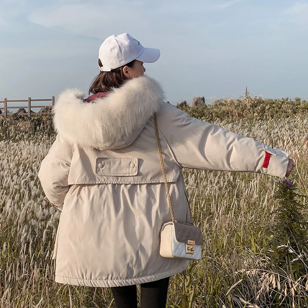 SAGACE с капюшоном цветной меховой воротник утепленная свободная талия хлопковая