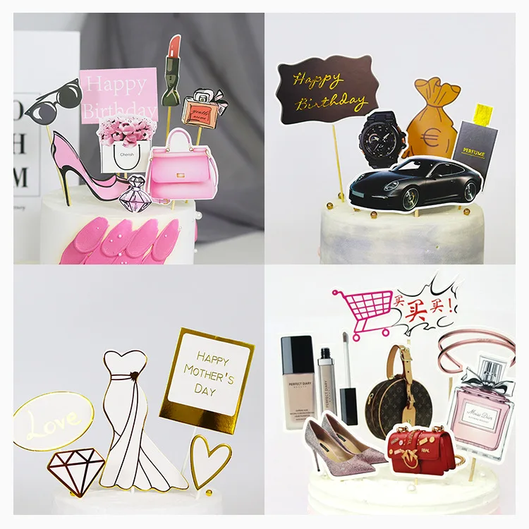 

Fashion lady high heels bag Cake Topper Cloud Cake Flags Birthday Favors Cake Decoration Cupcake Topper for Wedding Dessert