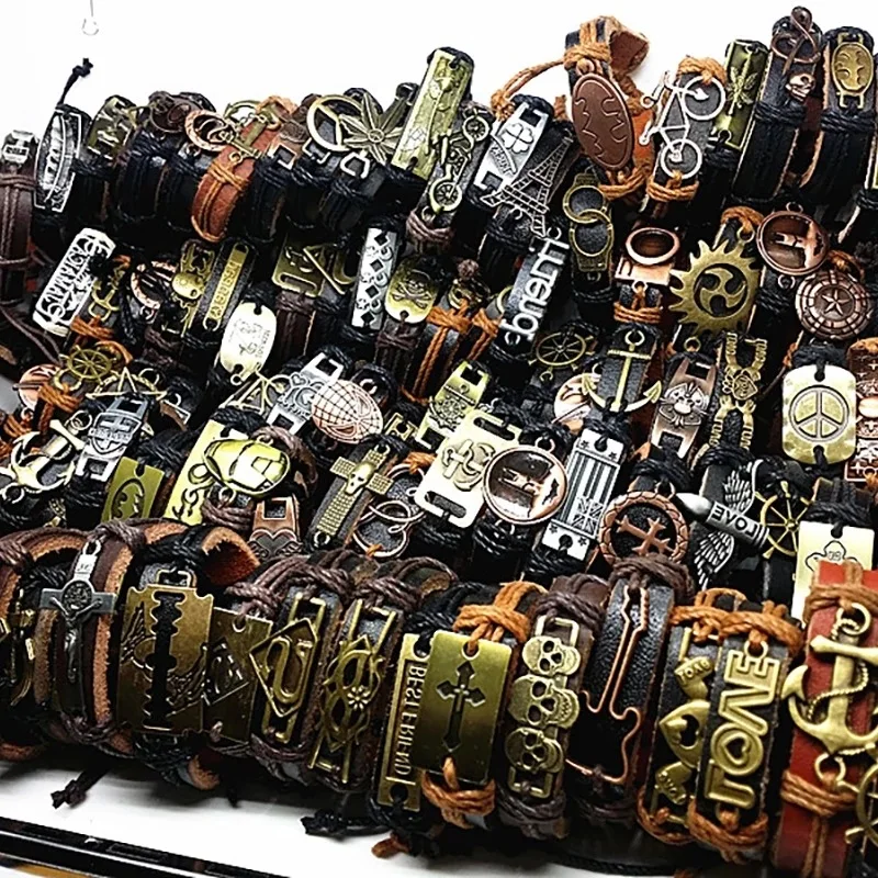 Wholesale 20pcS/50pcs Bulk Leather Charm Bracelets For Men Women Vintage Mix Styles Adjustable Bangle Jewelry Gifts