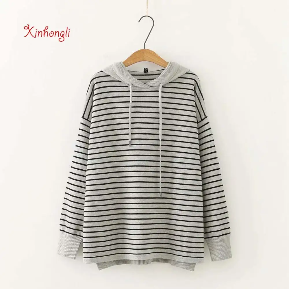 

Plus size hooded Striped women loose gray sweater 2020 NEW winter casual ladies knitted pullover wool coats female tops oversize