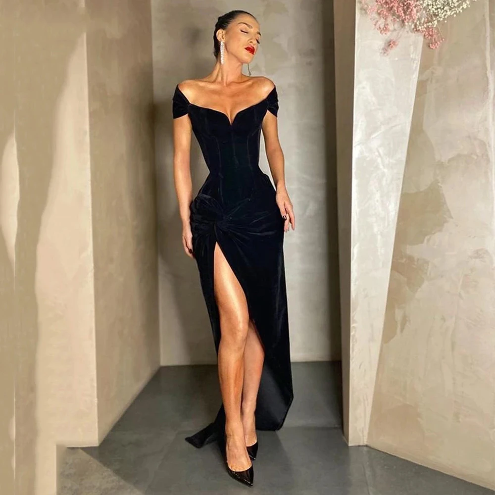 『Cheap!!!』- Black Mermaid Prom Dresses Sexy High Side Slit Pleats Cap
Sleeveless Formal Evening Party Vestidos De Fiesta Custom Made