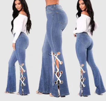 

WEPBEL Women Pants Jeans Denim Bandage Trousers Full Flare Length Mid Waist Zipper Casual Fashion New Summer Spring