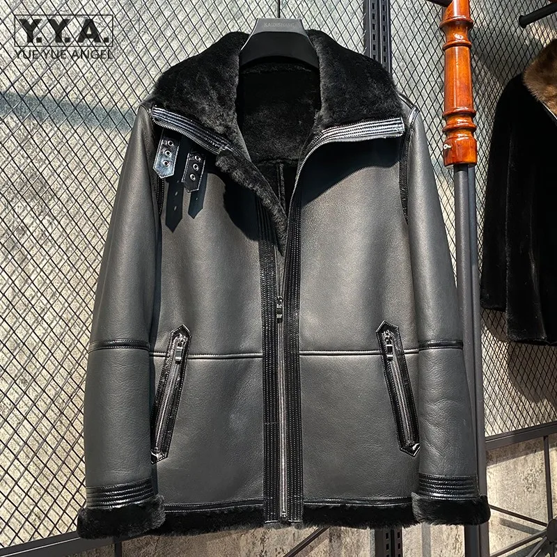 

Luxury Natural Shearling Jacket Men Moto Biker Thick Warm Real Fur Wool Lining Coat Windproof Overcoat Genuine Leather Jacket