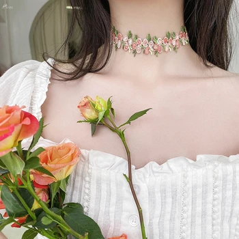 

AOMU 2020 New Choker Pink Rose Flower Clavicle Chain Sweet Summer Vintage Necklace For Women Girls Party Jewelry Gifts