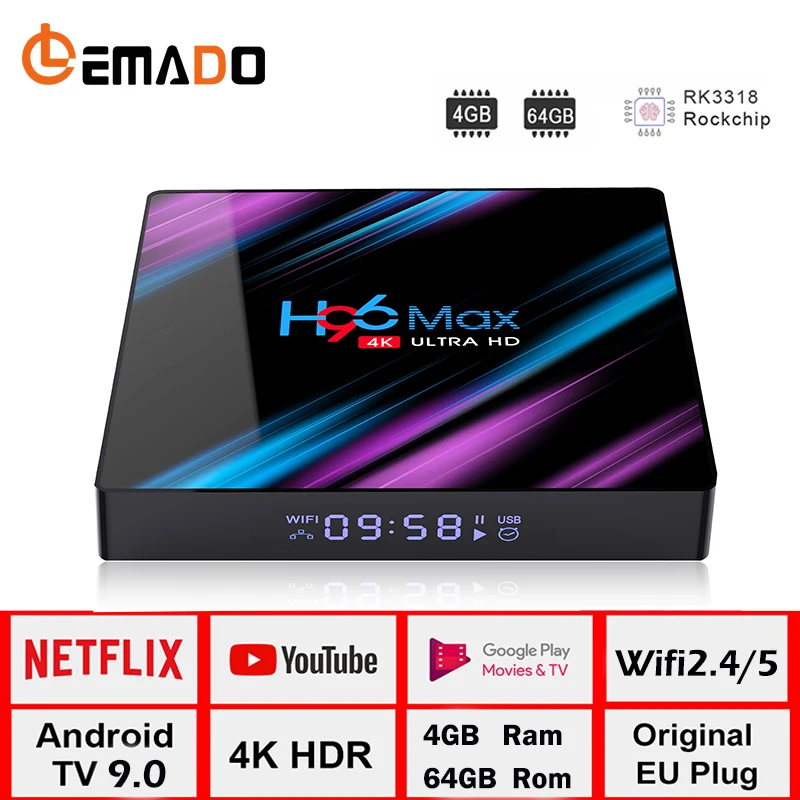 ТВ-приставка LEMADO H96MAX Android 9 0 Rockchip RK3318 4 Гб ОЗУ 64 ПЗУ H.265 4K 60fps магазин Google плееров Netflix