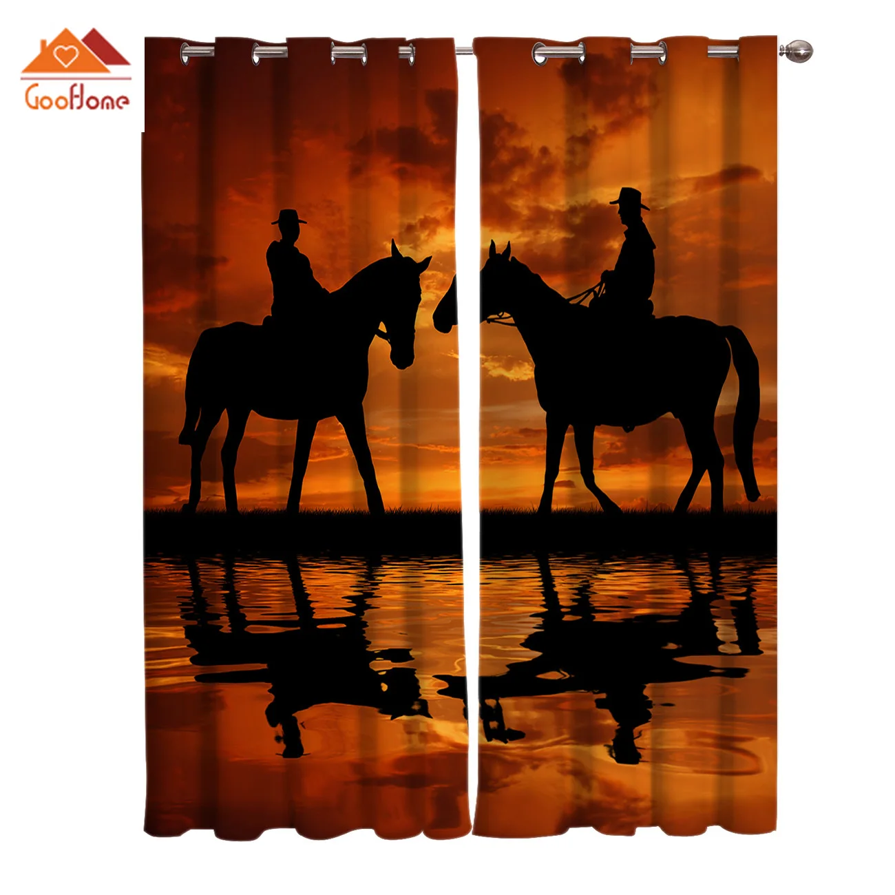 Two Cowboys Silhouette Sunset Horses Western Window Curtains Living