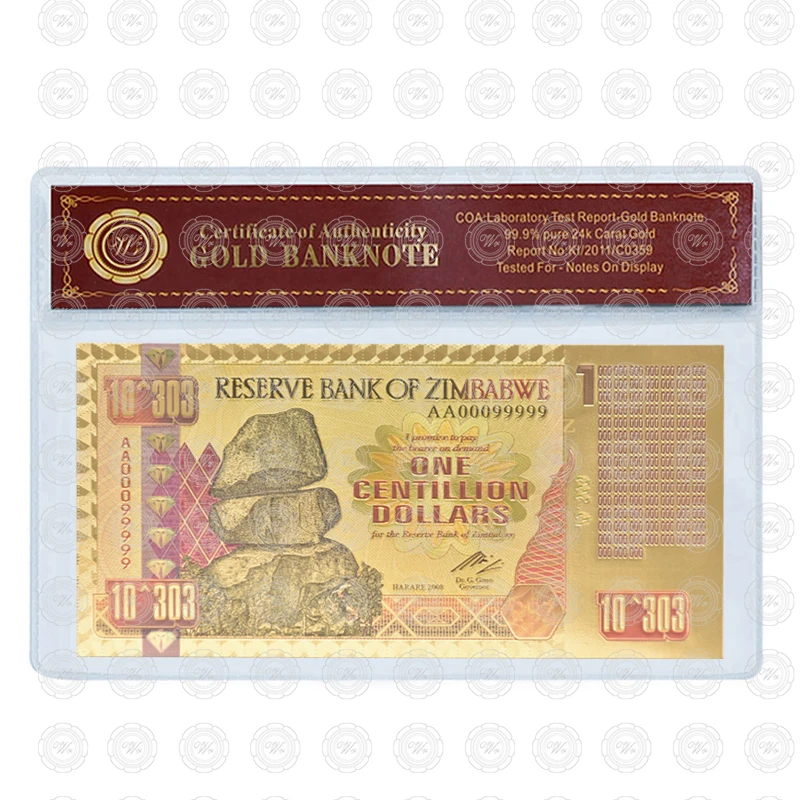 Zimbabwe$ Z100 триллион/100 кинтриллион/5 октиллион/100 декальон долларовые банкноты из золотой фольги реплики банкнот Бумажные деньги бизнес подарок - Цвет: 1 Centillion Sleeve