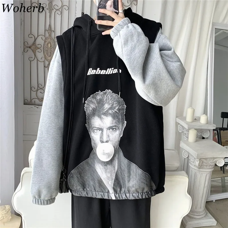 Woherb Harajuku BF модные толстовки с капюшоном и длинным рукавом с принтом в стиле пэчворк винтажная Женская толстовка в Корейском стиле уличная одежда 91323