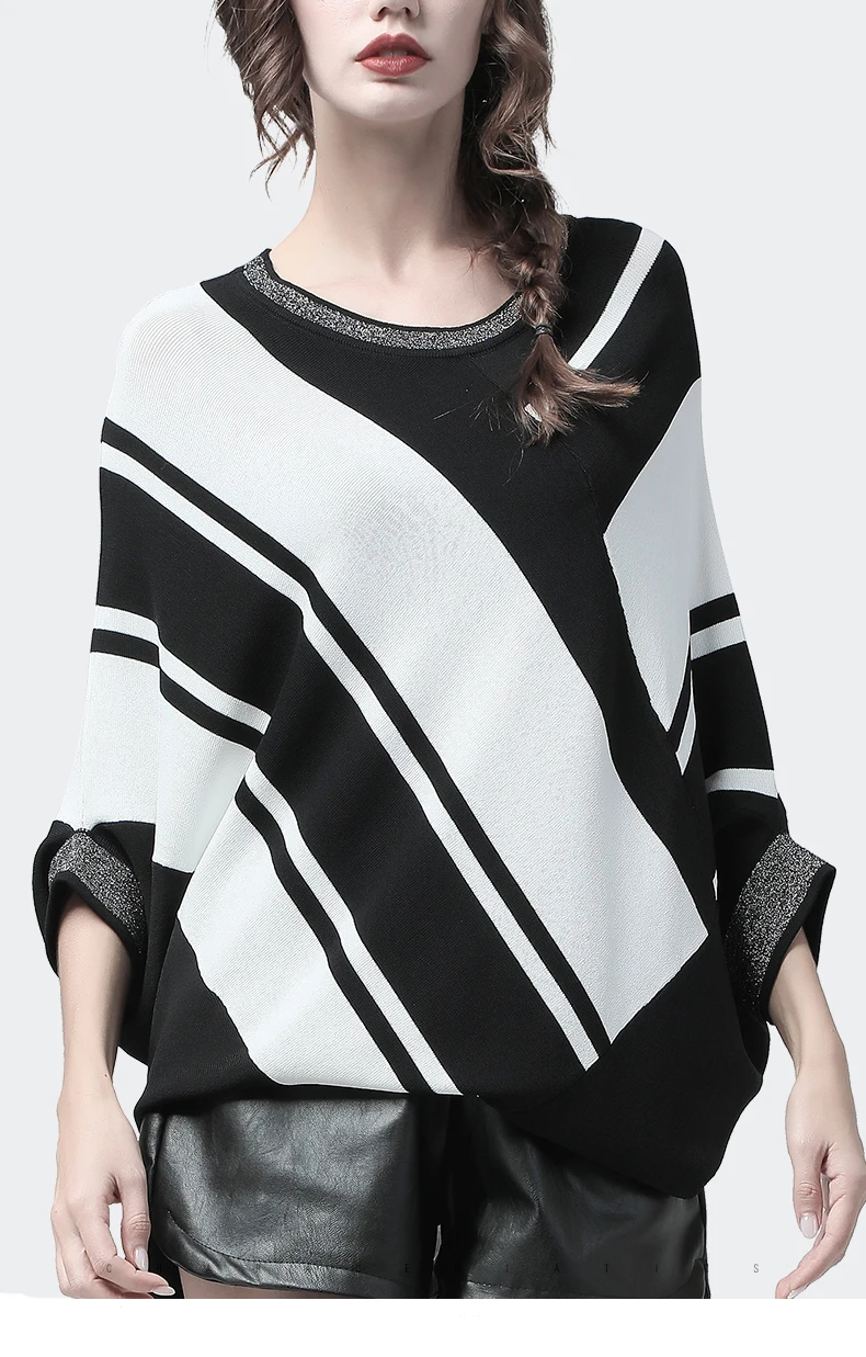 Korean Style Women Sweater Fashion Black White Striped O-neck Bat Wing Sleeve Knitted Pullover Plus Size Ladies Autumn Clothes