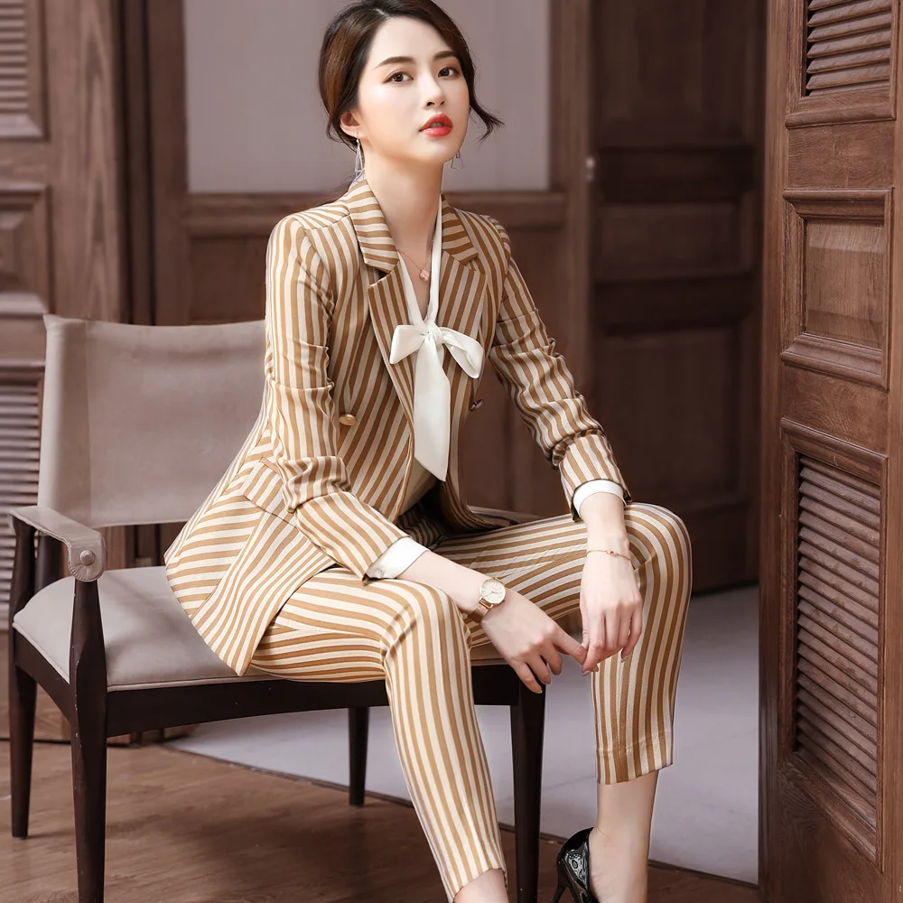 

Work Pant Suit Female Spring and Autumn Temperament Khaki Striped Suit College Student Interview Women Clothes YL80802