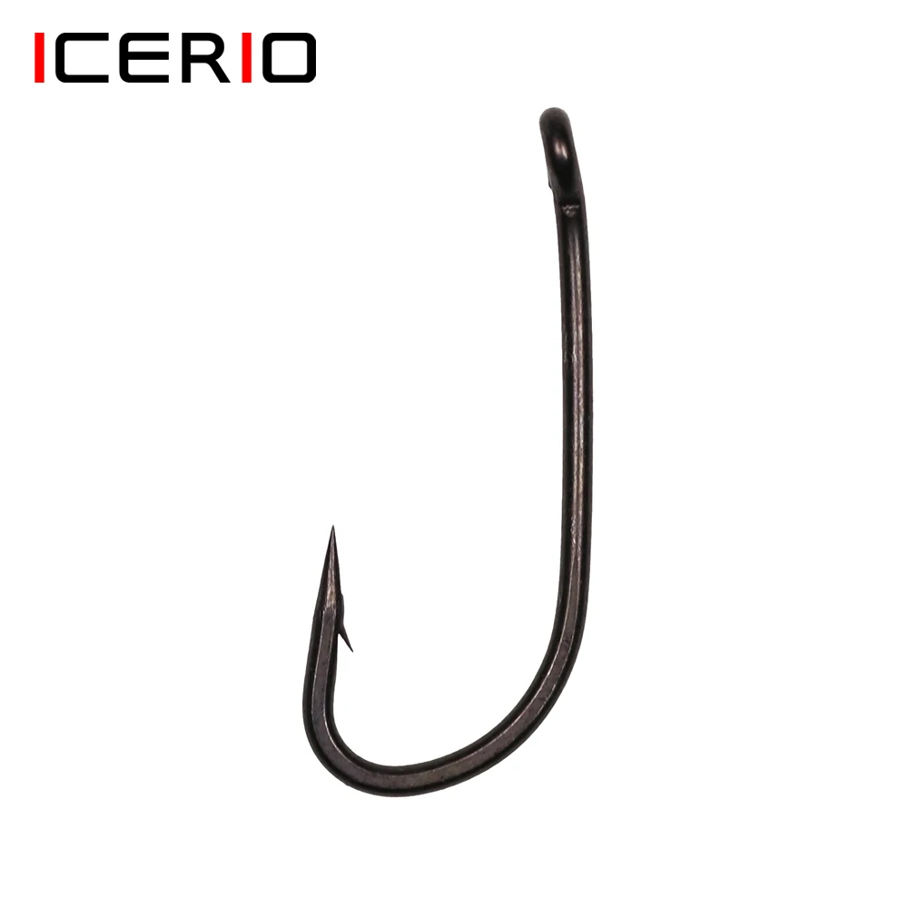Icerio 30pcs Long Shank Carp Fishing Hook Bent Eye Matte Black Popup