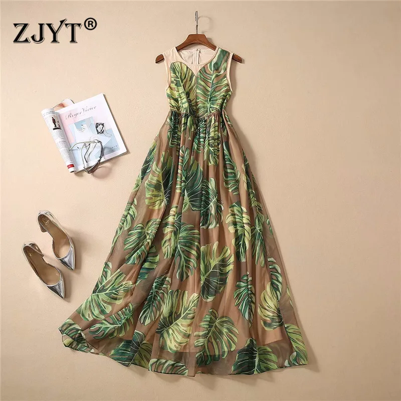 

2020 New Fashion Summer Runway Long Dress High Quality Women Elegant Sleeveless Green Leaf Print Aline Maxi Party Dresses