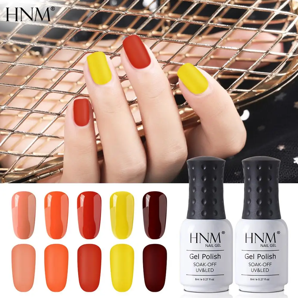 Гель лак для ногтей HNM полуперманентный гибридные Лаки с УФ лампой красно желтый