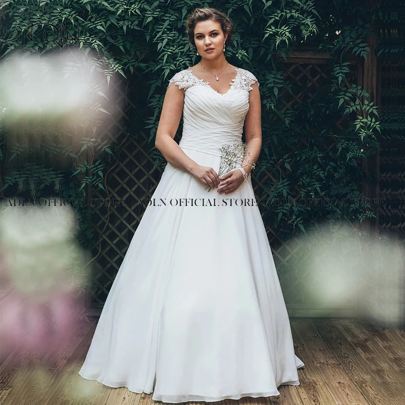 Elegant Plus Size Wedding Dresses 2021 Chiffon Pleats Elegant Vestido de Novia Custom Made V-neck Cap Sleeves Bridal Dress 2