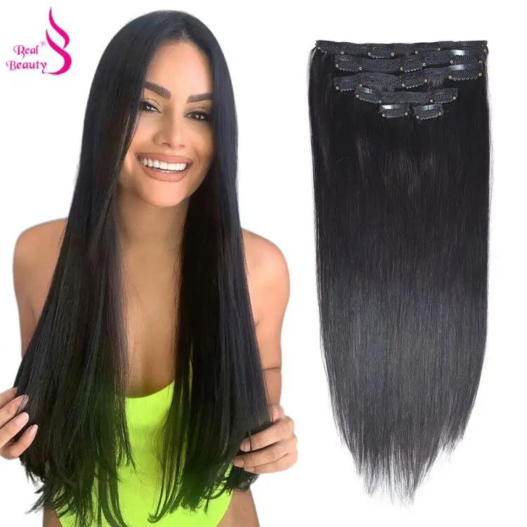 Real Beauty Machine Made European Straight Clip In Hair Extensions Remy Human Hairpieces Dark Color Full Head Set 14