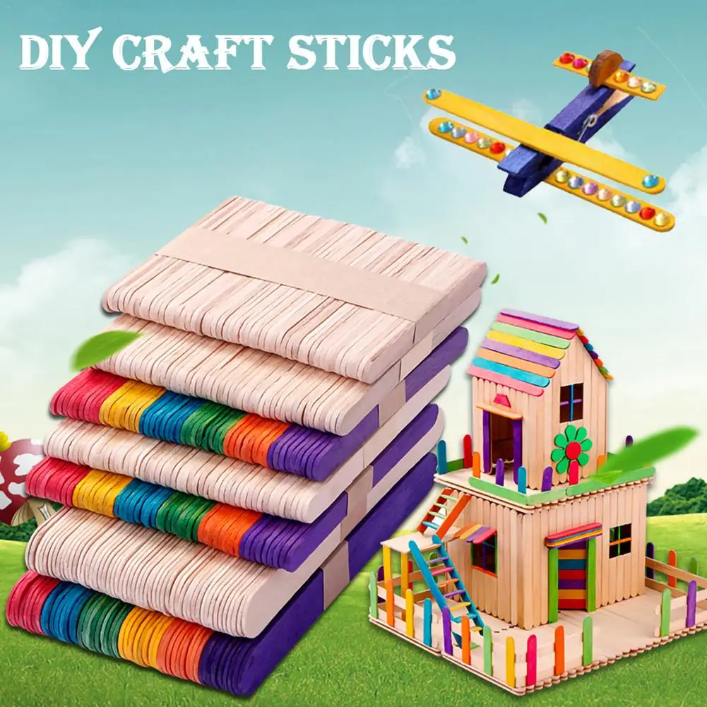 

100PCS Wooden Popsicle Stick Kids Hand Crafts Art Ice Cream Lolly Cake DIY Making Funny Gift Baby Shower Birthday Decor Supplies