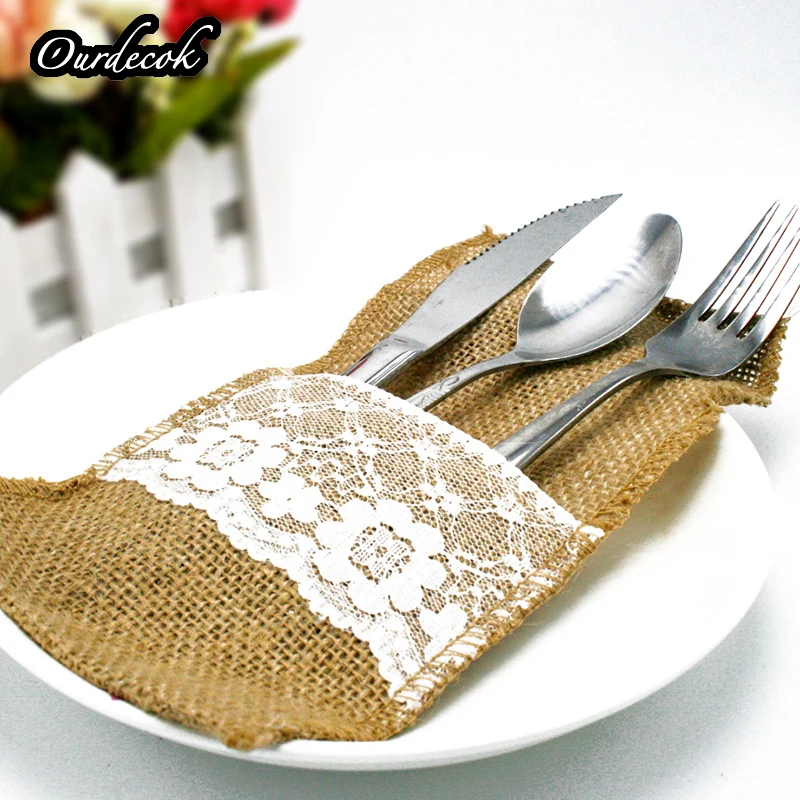 

100Pieces/lot Vintage 4"x8" Hessian Burlap Lace Wedding Tableware Pouch Cutlery Holder Decorations Favor