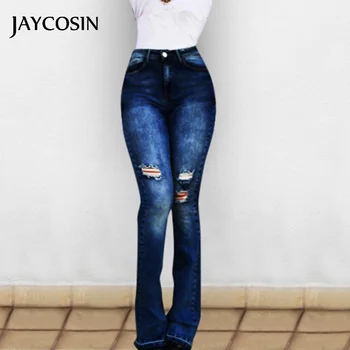 

JAYCOSIN Women's High Waist Pocket Pants Wide Leg Jeans Flared Hole Blue Trousers Ripped Stretch Cowboy Vintage Casual Denim New