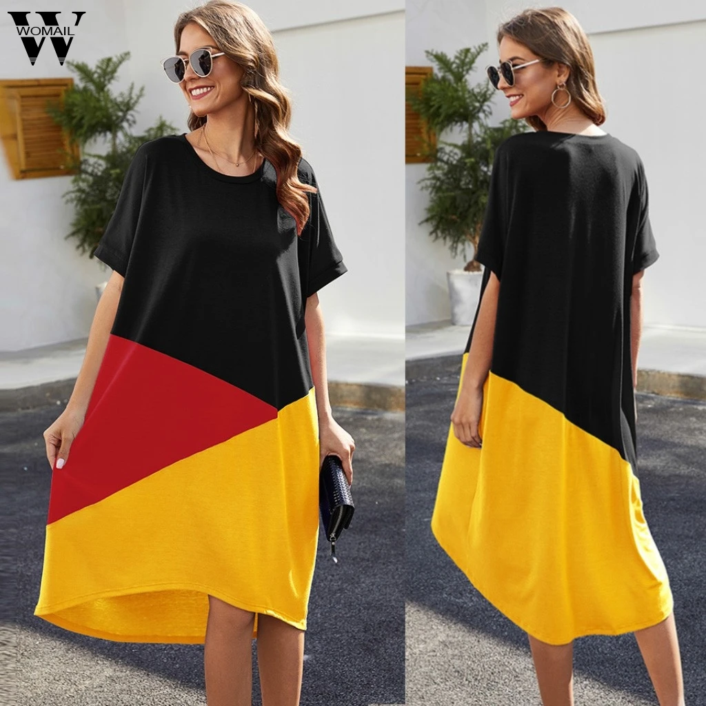 Womail Fashion Повседневные платья Для женщин лоскутное короткий рукав пляжное платье, праздничное платье летние свободные толстовки с круглым вырезом до колен Длина для отдыха платье vestido