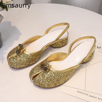 

New Chic 2020 Back Strap Women Pumps Rolling Bowtie Split Toes Slingbacks Bling Sequined Cloth Round Heel Shoes Woman