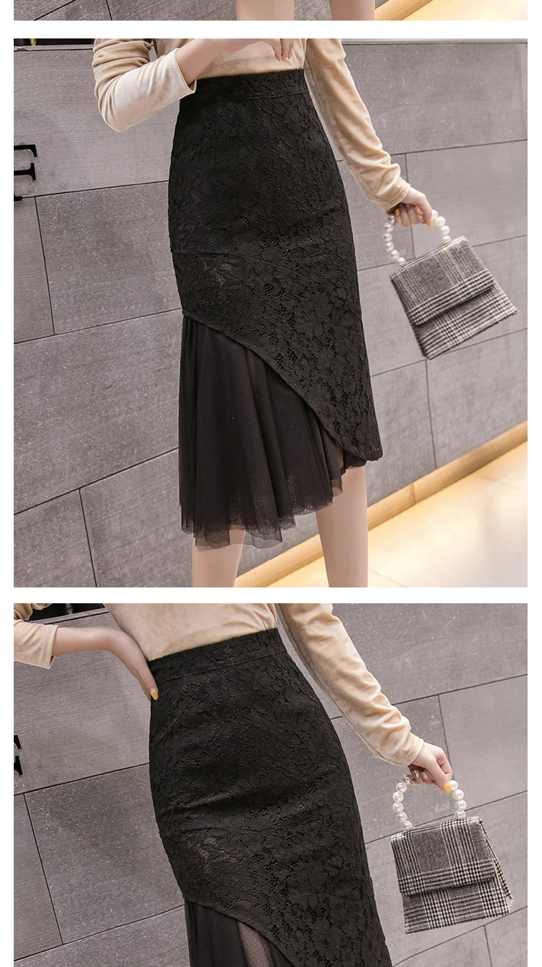 Весенняя женская юбка в сеточку с кружевами, тонкая юбка-труба, Женская ...