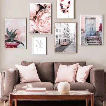 

Pink Peony Flower Aloe London Tram Bus Wall Art Canvas Painting Nordic Posters And Prints Wall Pictures For Living Room Decor