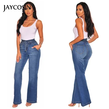 

JAYCOSIN Jeans Woman High Waist Denim Stretch Lace Up Cowboy Loose Casual Jeans Wide Leg Pants Blue Trouses Full-length Female J
