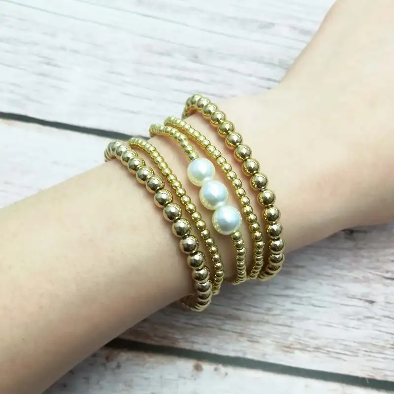Beaded Bracelet Sets Gold Filled Beads Pearl Charm Elastic Bangles for Women Silver Color Mini Cube 5 PCS/Set