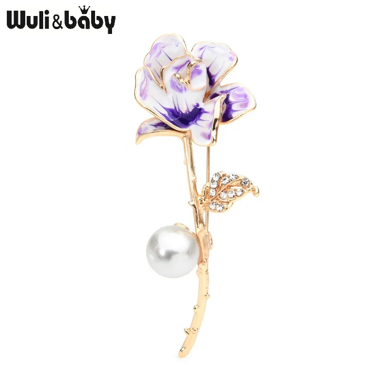 

Wuli&baby Pearl Purple Enamel Rose Flower Women Weddings Banquet Brooch Pins Gifts