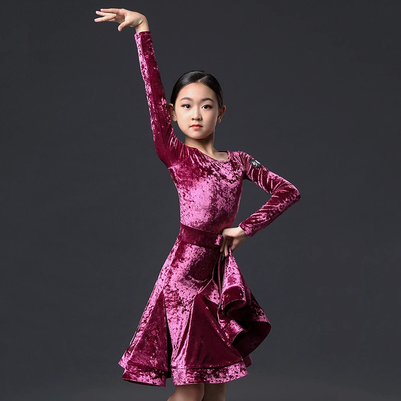 Платье для латинских танцев с длинным рукавом, одежда для профессиональных соревнований, Румба ча Самба Танго, зимняя бархатная одежда для девочек DN4700