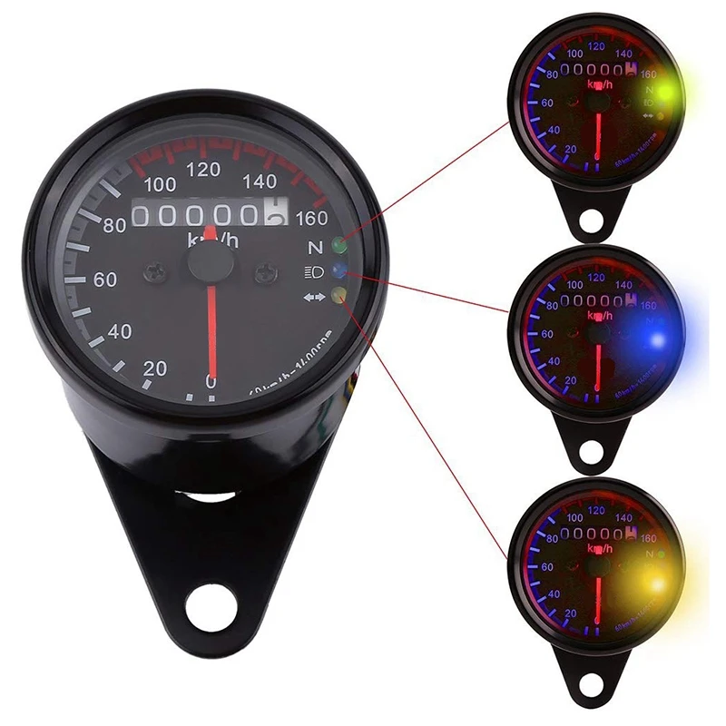 12V мотоциклов 0-160 км/ч Спидометр с Светодиодный индикатор одометр спидометр, универсальный кафе датчик для гонщика, с переключением между дальним и индикатор(черный