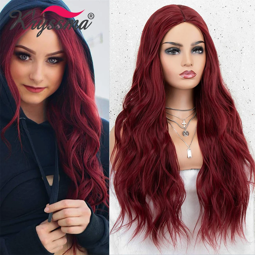 

Kryssma Long Wavy Synthetic Wigs Body Wave Wig Burgundy Wigs For Women Dark Red Cosplay Wigs For Halloween Full Machine Made Wig