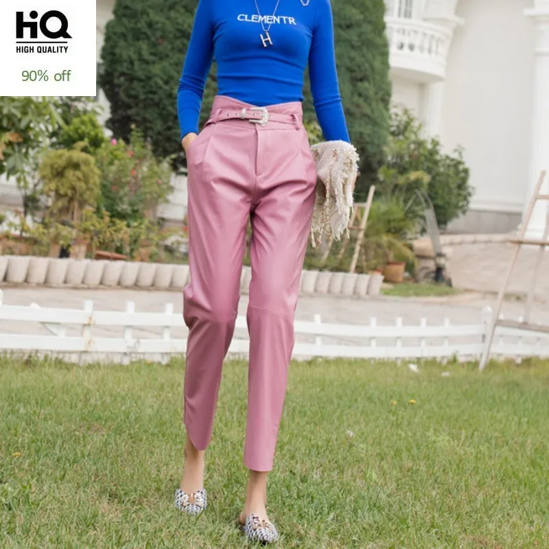 

2020 Women Belt High Waist Genuine Leather Harem Pants 7 Colors Ankle Length Loose Fit Casual Streetwear Trousers Female Pants
