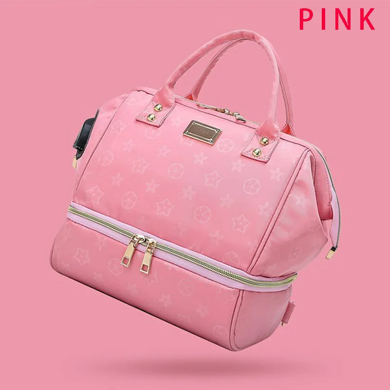 pink Сумка для детских подгузников, сумка для коляски, USB, большая емкость, водонепроницаемая сумка для подгузников, набор для беременных женщин, рюкзак для путешествий, уход за бутылками, ручная работа - Цвет: pink