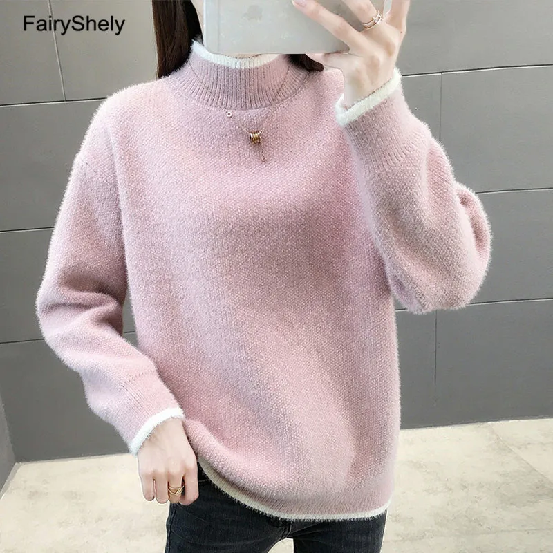 FairyShely, повседневный кашемировый свитер для женщин, зимний теплый джемпер, Свободный вязаный свитер с высоким воротом, пуловер, Топ для женщин