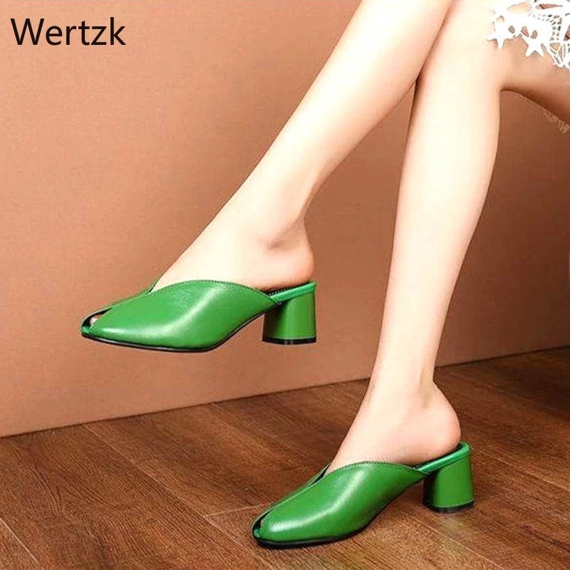 

New 2019 Green Slip-on Slippers High Heeled Womens Mules Pumps Peep Toe Square Heel Autumn Casual Sandals Slipper Lady B304