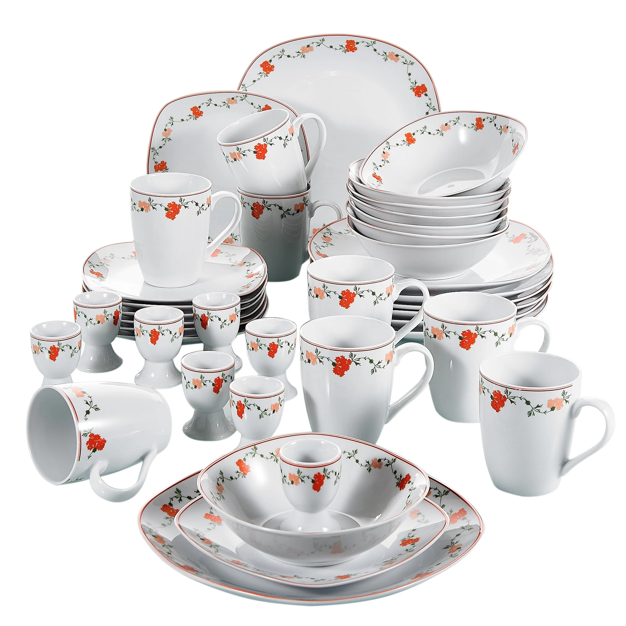 

VEWEET GLORIA 40-Piece Porcelain Ceramics Flower Pattern Dinner Tableware Set with Egg Cup,Mug,Bowl,Dessert Plate,Dinner Plate