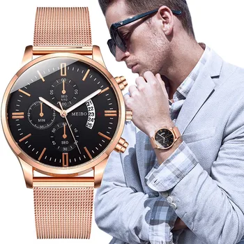 

Stylish Simple Three Eye Dial Fashion Casual Calendar Stainless Steel Mesh Watch Men's Business Quartz Watch