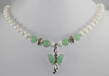 

Wholesales -Jewelry Noblest white pearl &jades green butterfly pendant necklace free shipping