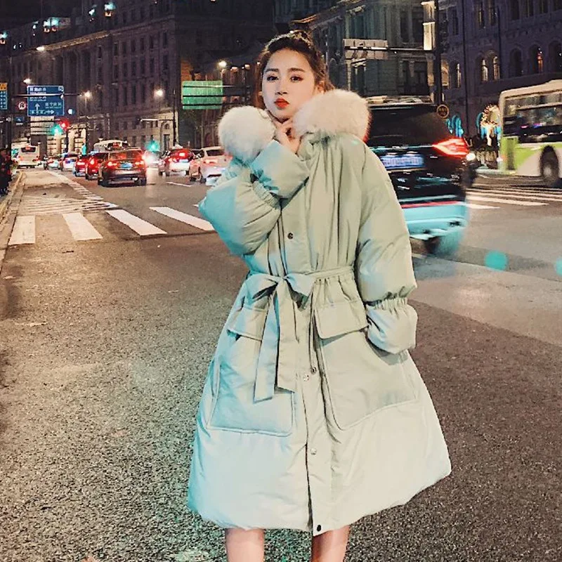 

2019chic Fresh And Sweet Light Green Mid-length over-the-Knee down Coat Korean-style Hooded Large Fur Collar Cotton-padded Cloth