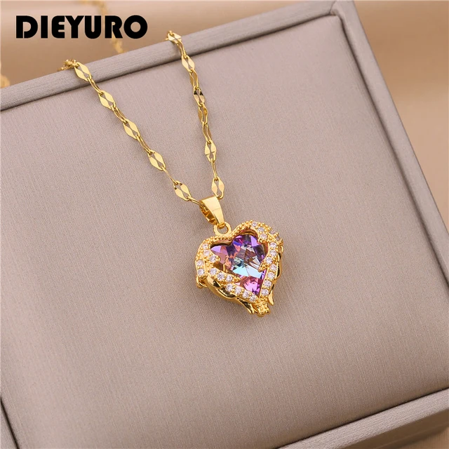 DIEYURO 316L Stainless Steel Beautiful Love Heart Amethyst Gold Pendant Shiny Temperament Gift Women Jewelry Wear Everyday 2021 1