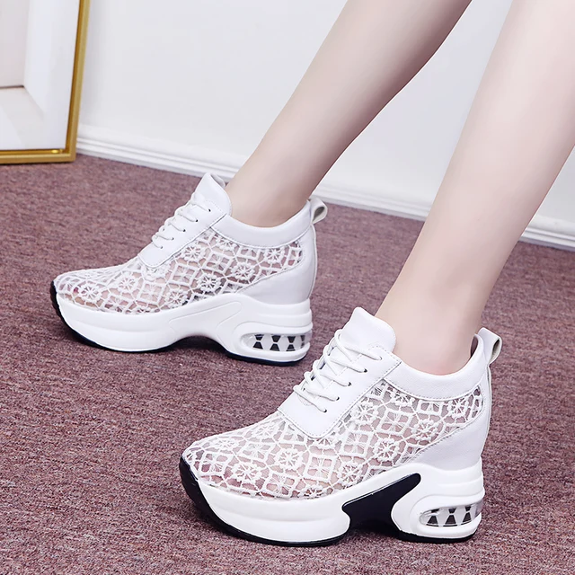 Rimocy Summer Breathable Mesh Chunky Platform Sneakers Women Lace Floral Hollow Out White Shoes Woman Hidden