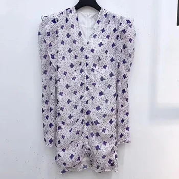 

Silk cotton Print Pleated women slim dress puff sleeve V-neck temperament lady mini dress 2020 new