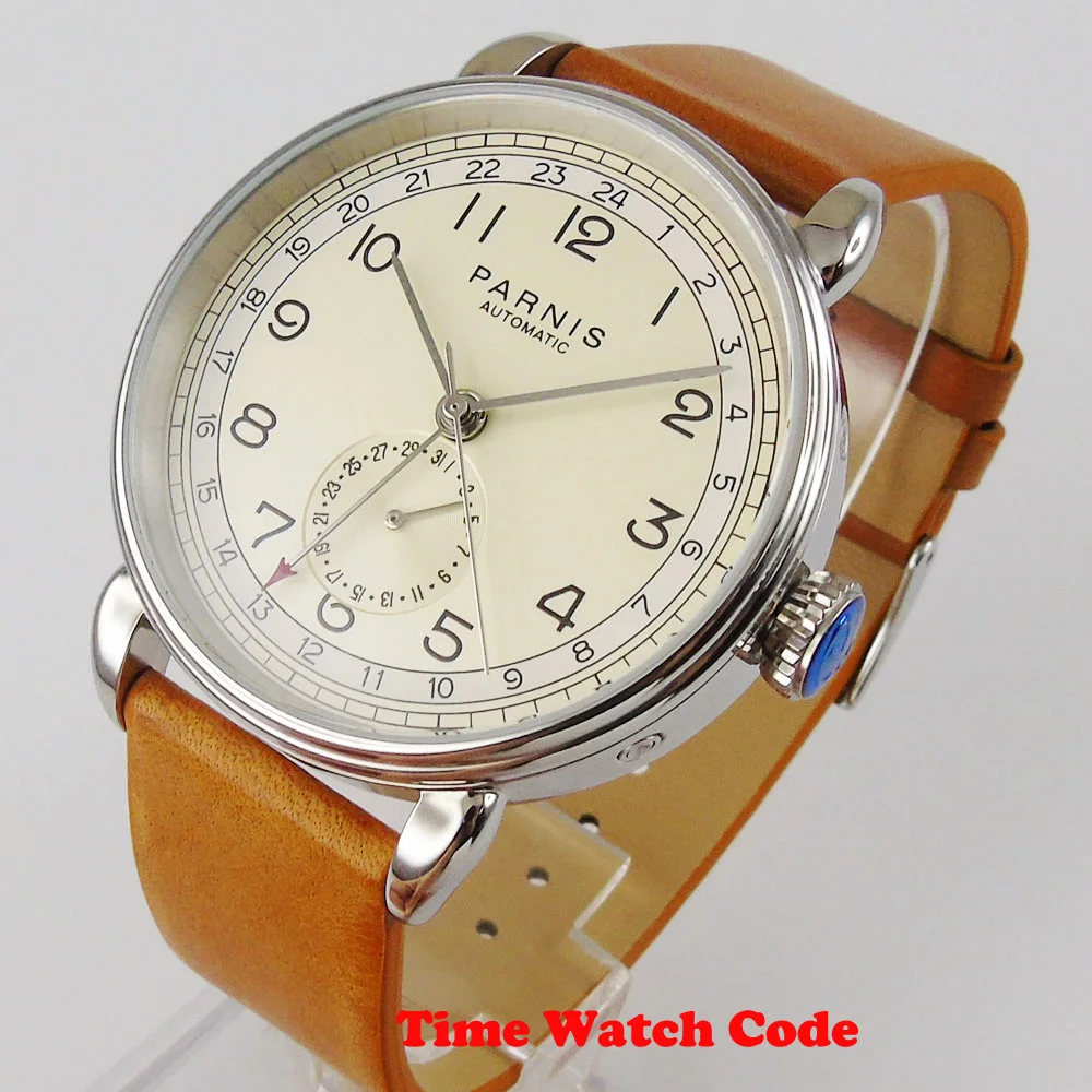 Мужские автоматические наручные часы PARNIS 42 мм GMT бежевый циферблат