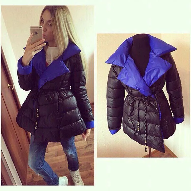 

2015 Winter Style Color Panel Fold-down Collar String Mid-length Cotton-padded Clothes Cotton-padded Clothes Women's