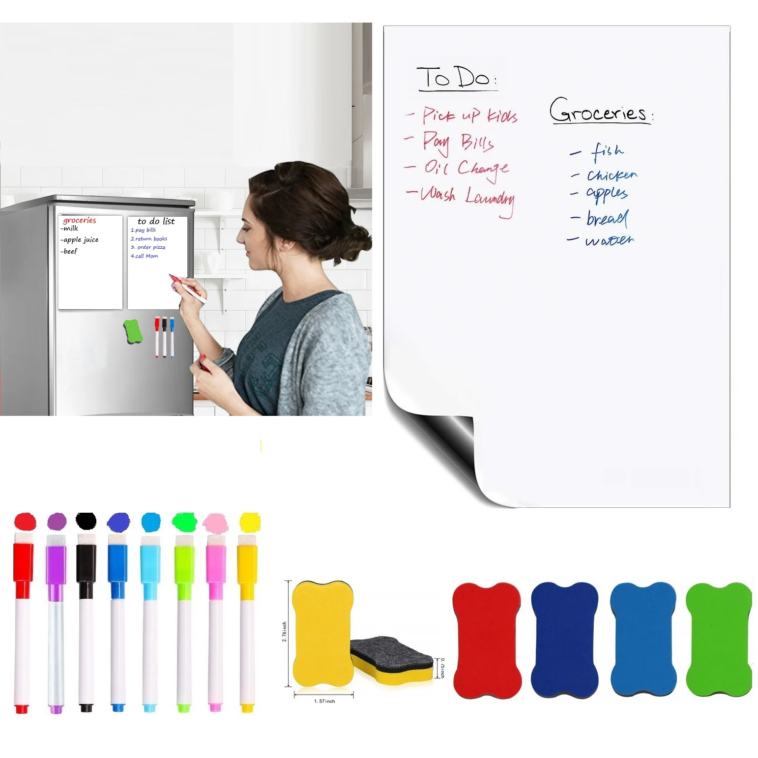 Kglobal Soft Fridge Magnets Flexible Mini A4 Whiteboard PET Film Message Board Magnetic Notes Refrigerator Memo Pad Magnetic Whiteboard 3 Markers Magnetic Eraser Included 