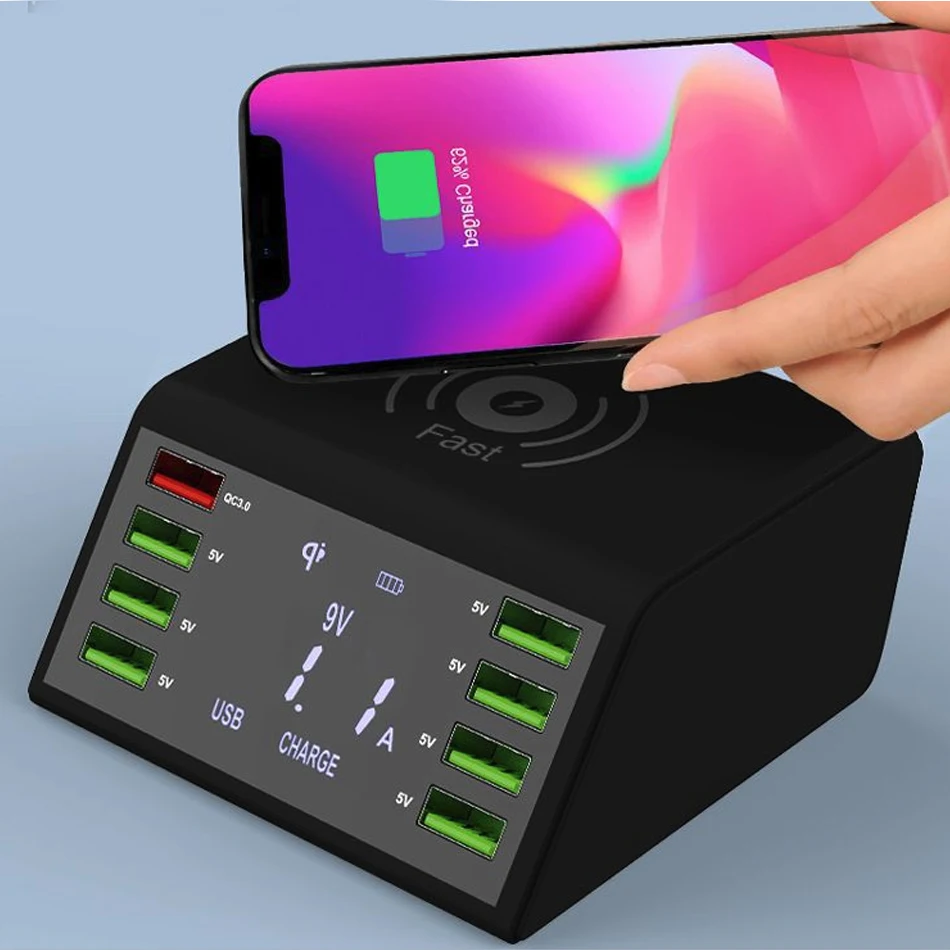 LCD Display QC 3.0 Fast Charger Station 8 Port Charging Dock With 10W Wireless Charger For Mobile Tablet Smart Device